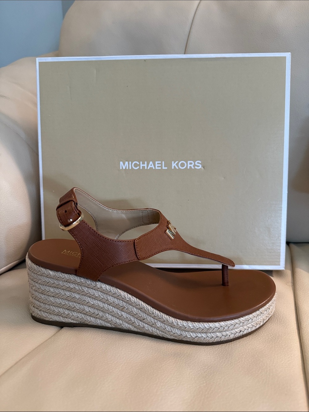 Michael Kors Laney Thong, Tan Leather Espadrille Wedge Sandals